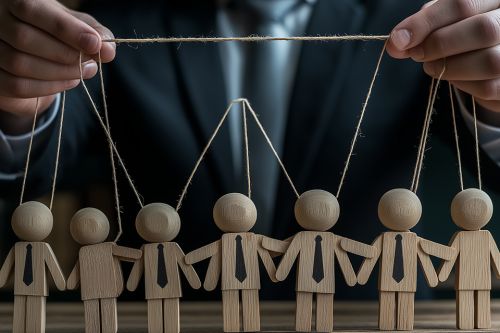 Foto: Puppenspieler im Anzug mit Holzpuppen